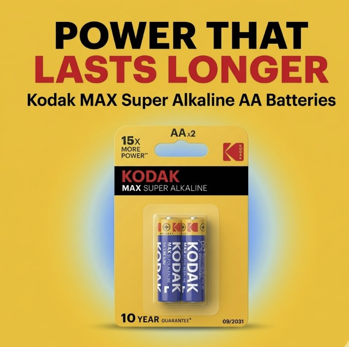 KODAK MAX Super Alkaline AA Batteries 2-Pack ? Long-Lasting Power | 10-Year Shelf Life | Reliable Everyday Energy