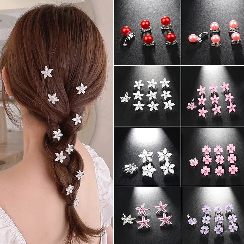 5Pcs Pearl Weaving Headwear Small Hairclips Girls Cute Flower Women Simple Snap Clip Water Diamond Hair Clips Accessories