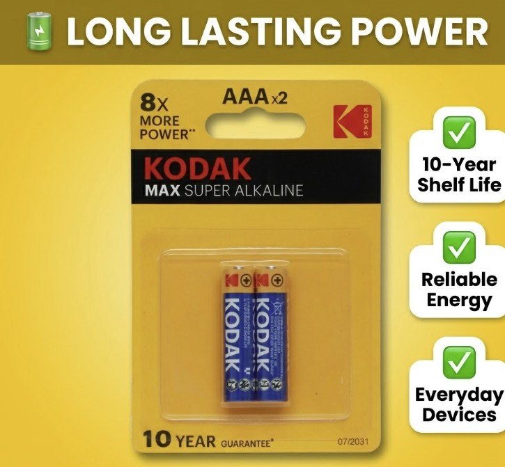 KODAK MAX Super Alkaline AAA Batteries 2-Pack ? Long-Lasting Power | 10-Year Shelf Life | Reliable Everyday Energy